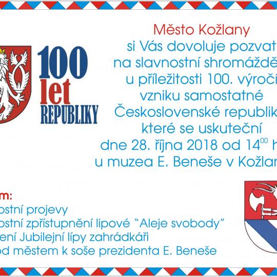 Pozvánka na slavnostní shromáždění u příležitosti 100. výročí vzniku samostatné Československé republiky 1